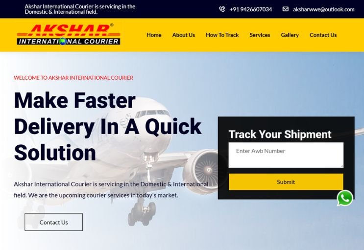 Akshar Courier website screenshot 1 - homepage of professional website