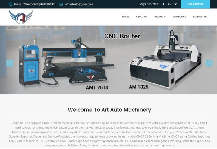 Art Auto Machinery website screenshot 1 - homepage of product catalog website