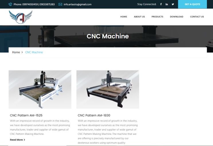 Art Auto Machinery website screenshot 2 - inner page of product catalog website