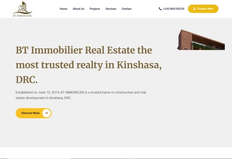 BT Immobilier website screenshot 1 - homepage of real estate website