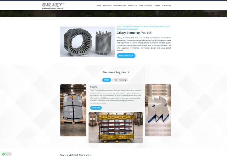 Galaxy Stamping website screenshot 1 - homepage of professional website