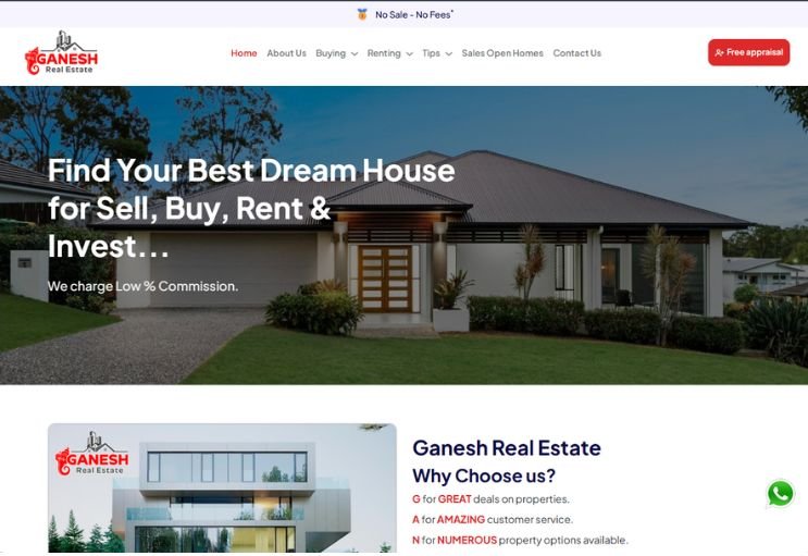 Ganesh Real Estate website screenshot 1 - homepage of real estate website