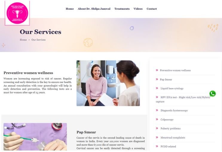 Her Healthcare Gynae website screenshot 2 - inner page of professional website
