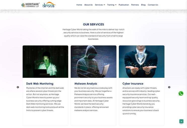 Heritage Cyber World website screenshot 2 - inner page of professional website