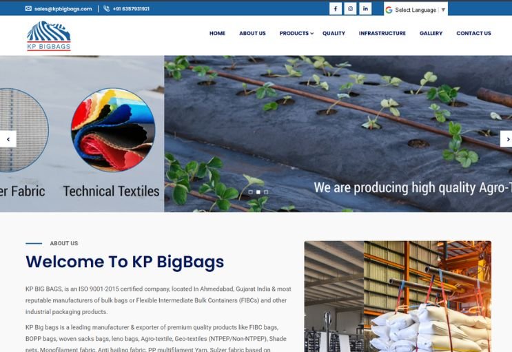 KP Big Bags website screenshot 1 - homepage of product catalog website