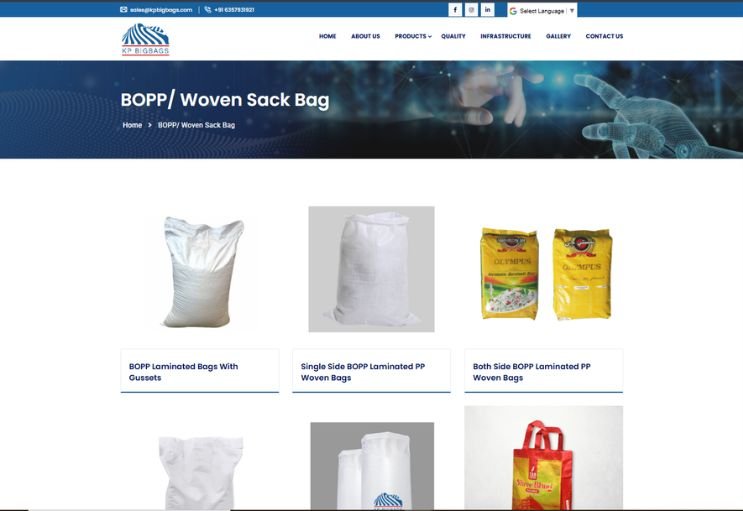 KP Big Bags website screenshot 2 - inner page of product catalog website