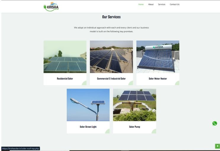 Krisha Solar website screenshot 2 - inner page of corporate website
