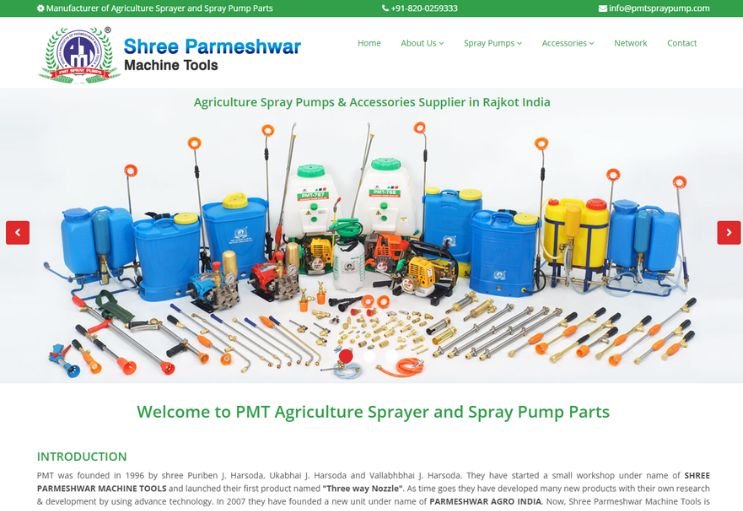 PMT Spray Pump website screenshot 1 - homepage of product catalog website