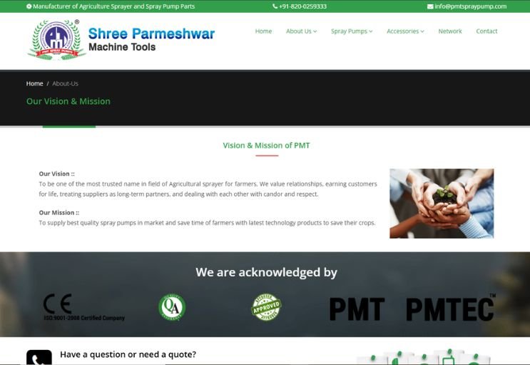 PMT Spray Pump website screenshot 2 - inner page of product catalog website