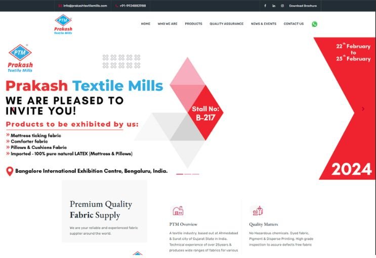 Prakash Textile Mills website screenshot 1 - homepage of product catalog website