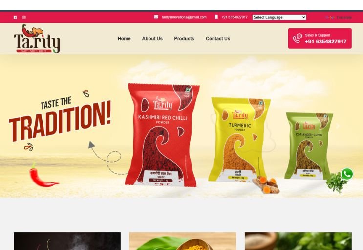 Tarity Spices website screenshot 1 - homepage of product catalog website