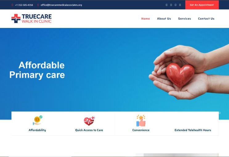 True Care Walk In Clinic website screenshot 1 - homepage of professional website