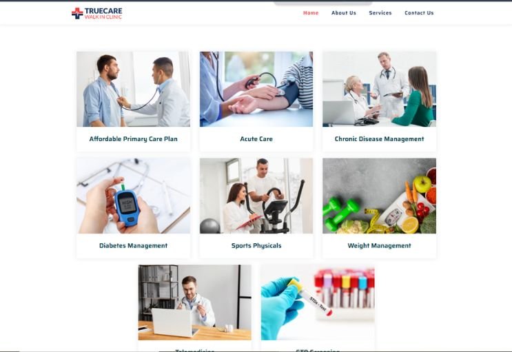 True Care Walk In Clinic website screenshot 2 - inner page of professional website