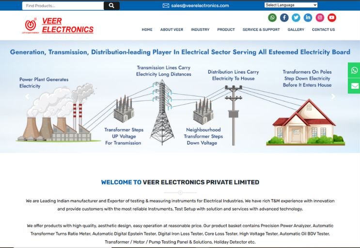 Veer Electronics website screenshot 1 - homepage of product catalog website
