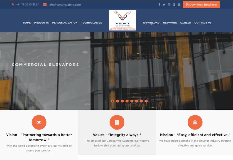 Vert Elevators website screenshot 1 - homepage of corporate website