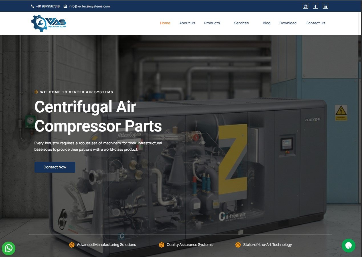 Vertex Air Systems website screenshot 1 - homepage of corporate website
