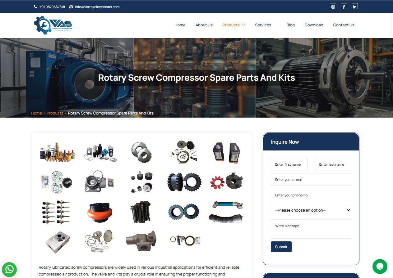 Vertex Air Systems website screenshot 2 - inner page of corporate website