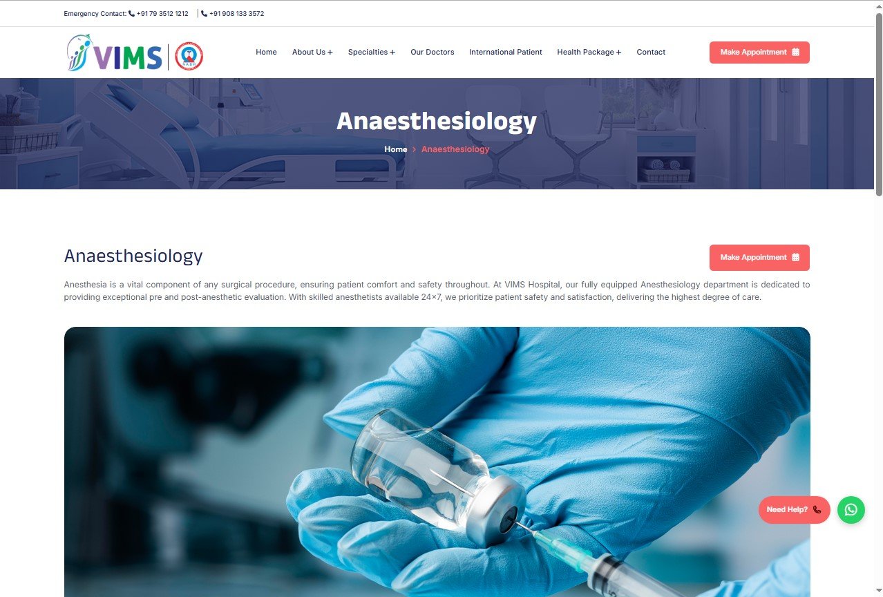VIMS Hospital website screenshot 2 - inner page of professional website
